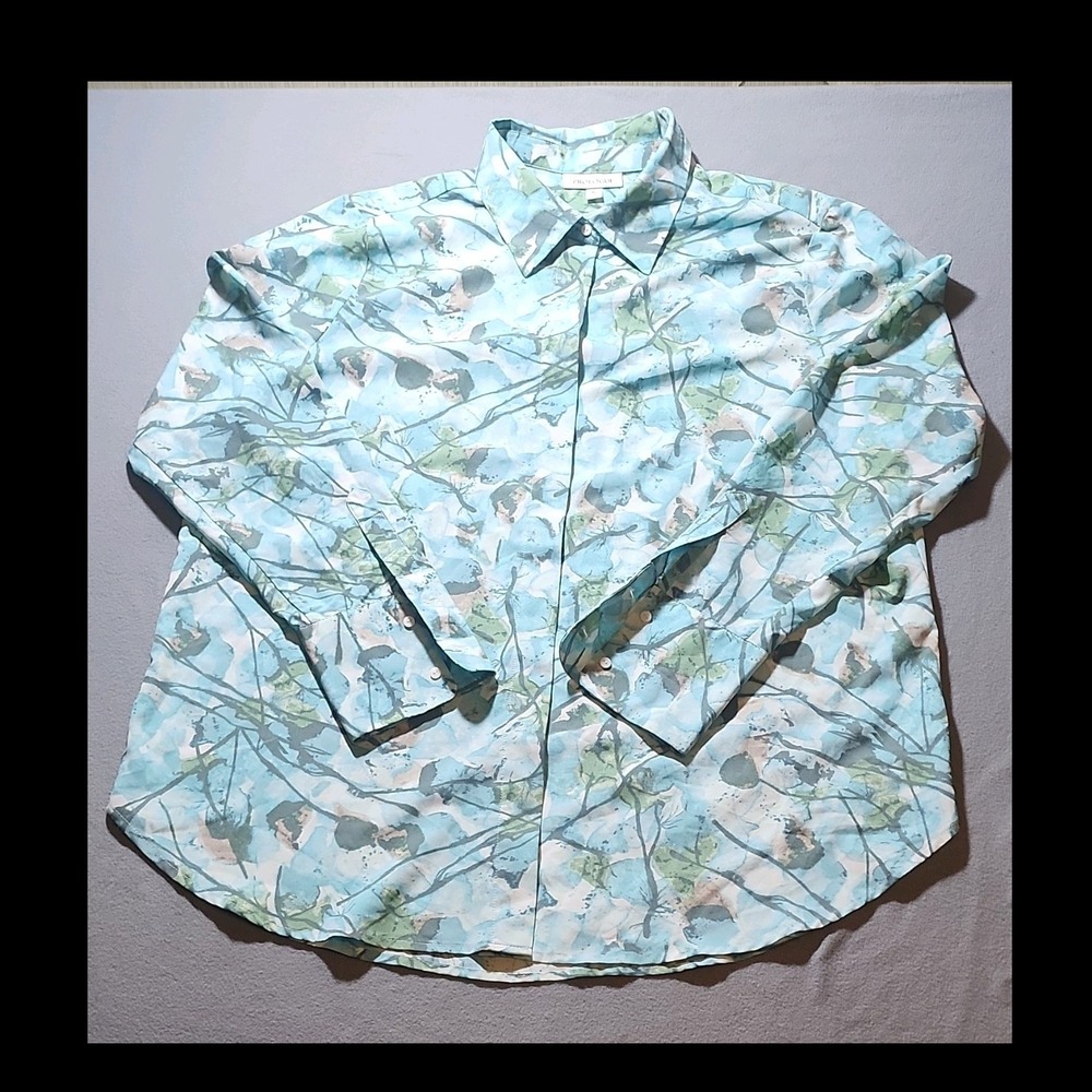 Prologue Men's XL Abstract Blue Green Long Sleeve Polyester Button-Up Shirt